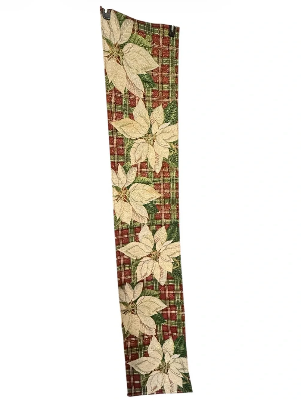 Holiday Poinsettia Plaid Tapestry Table Runner Gold Thread 13x68